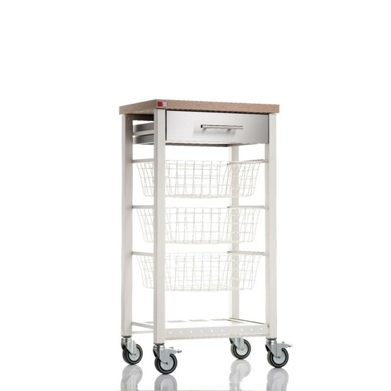 Desserte de cuisine onda – plateau décor bois orme, façade du tiroir en inox et 3 paniers de rangement