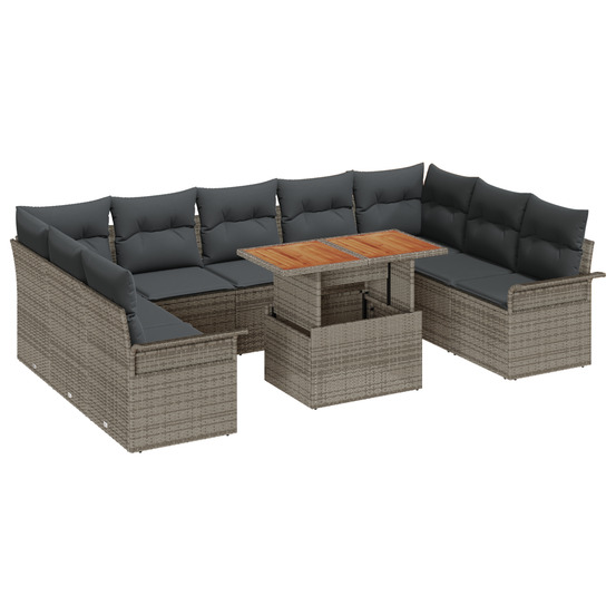 Ensemble de jardin de 10 pièces avec coussins en poly rattan gris et acacia