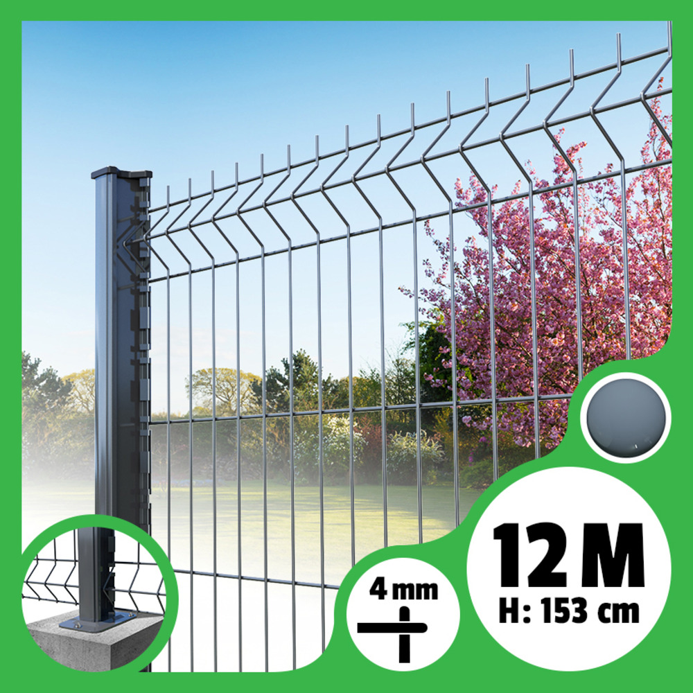 Kit grillage rigide poteaux h - longueur 12 mètres - 153 cm, gris anthracite, a visser sur platines