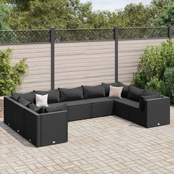 Salon de jardin 9 pcs avec coussins noir résine tressée