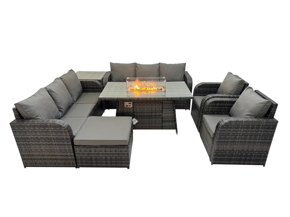 Ensemble salon de jardin extérieur en polyrotin table de foyer à gaz et canapé avec fauteuil inclinable table d'appoint