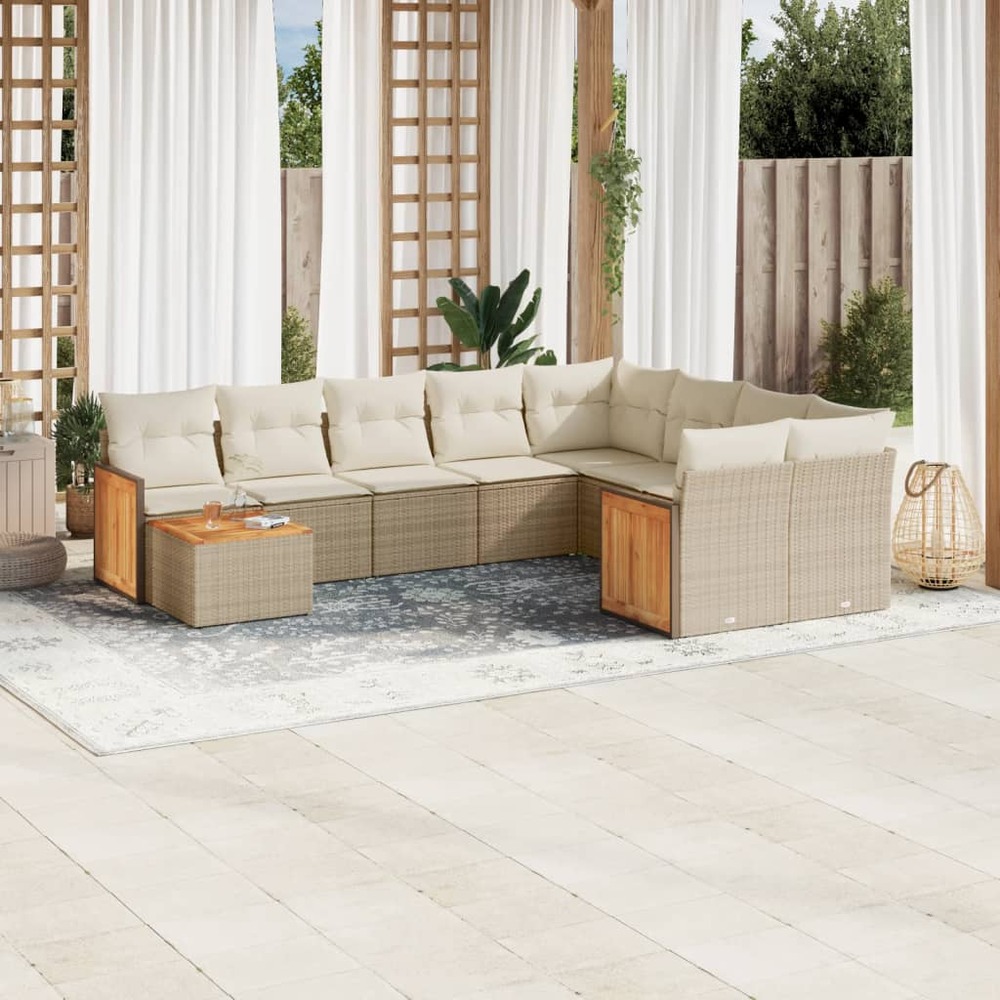 Salon de jardin avec coussins 10 pcs beige résine tressée