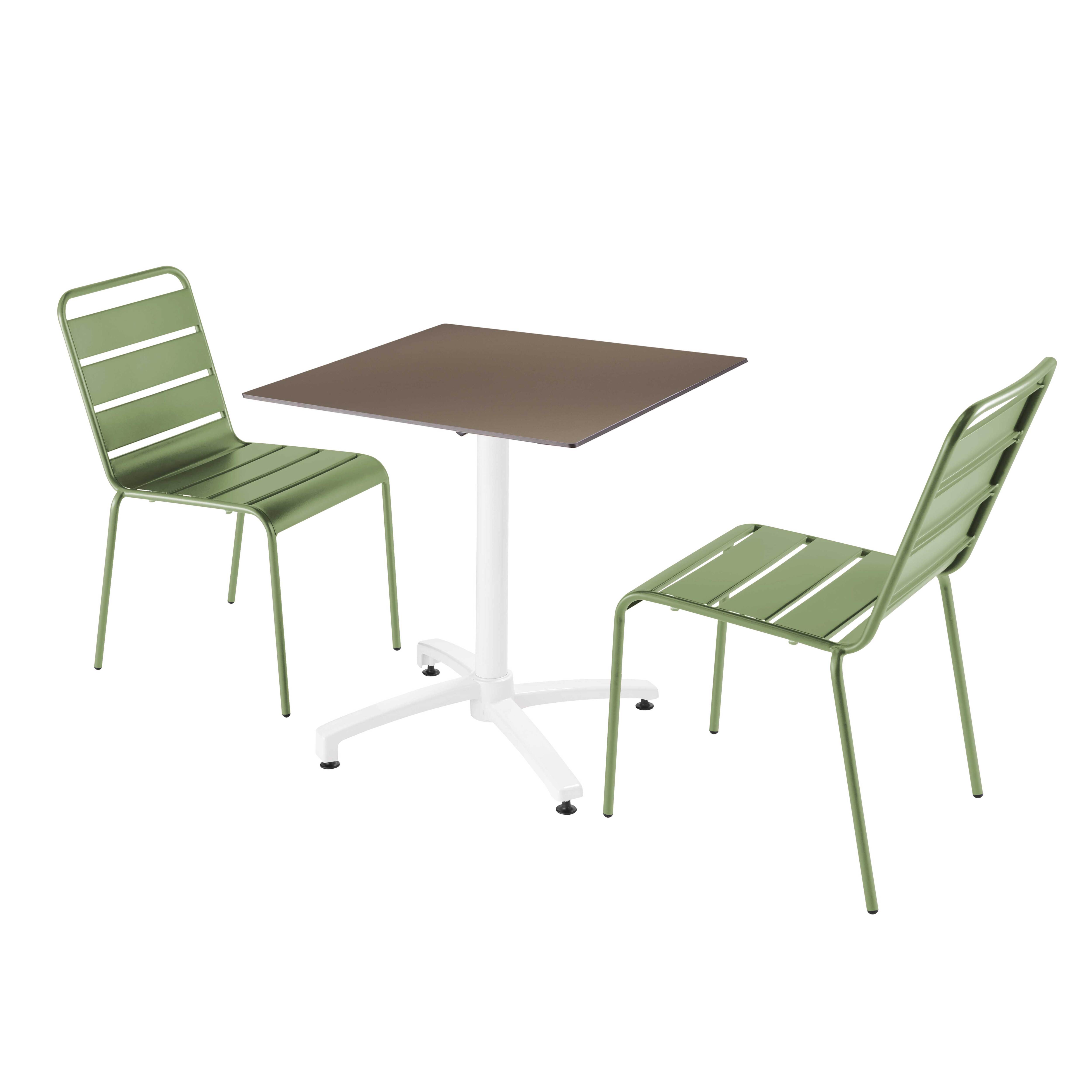 Ensemble table de terrasse stratifié taupe et 2 chaises vert cactus
