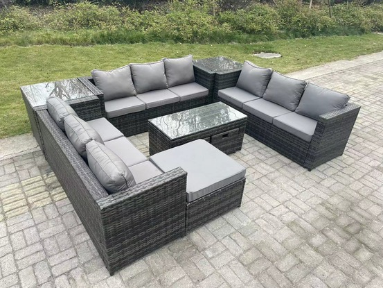 Mobilier de jardin extérieur 12 places ave canapé table basse 2 table d'appoint 3 tabourets mélange gris foncé