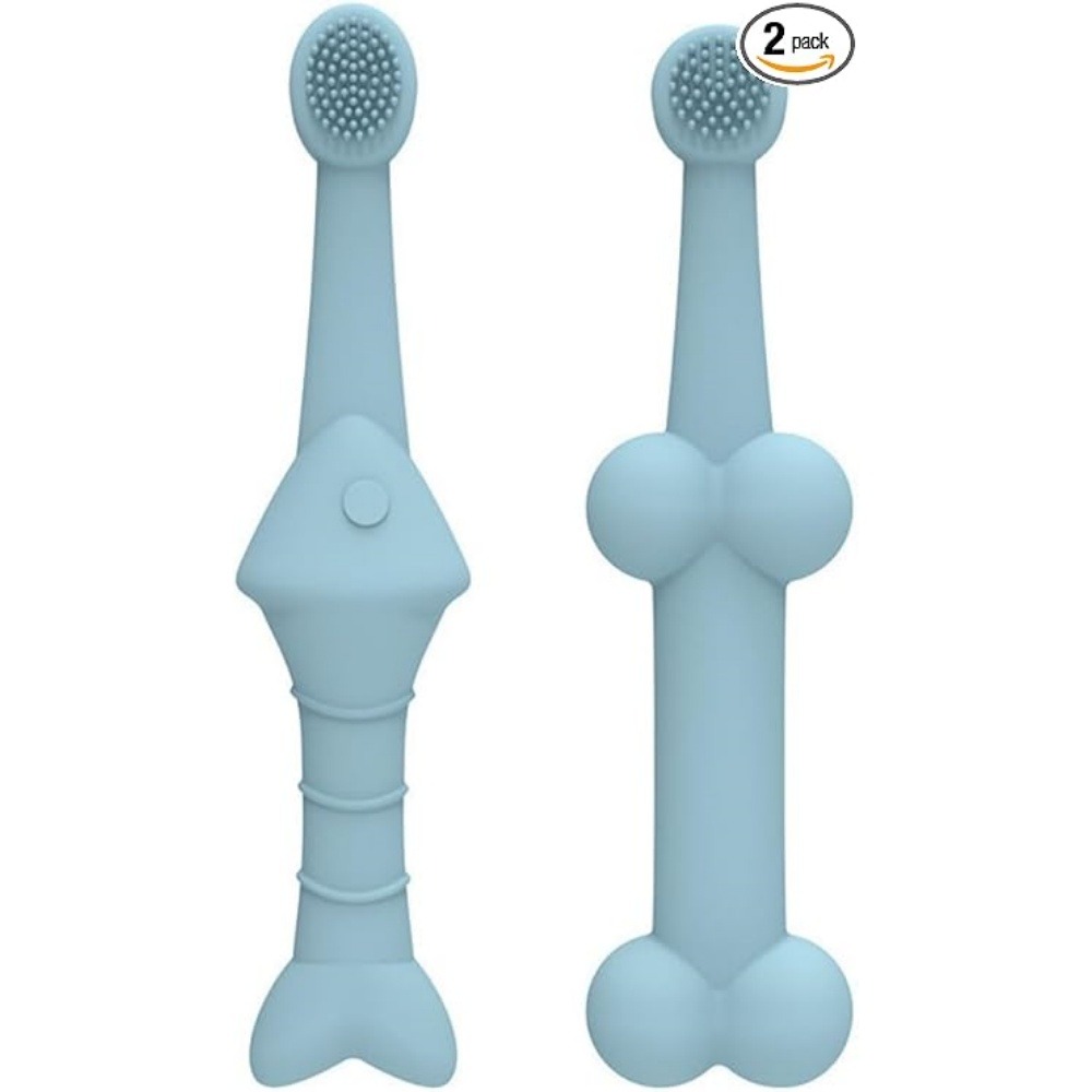 Lot de 2 brosses à dents en silicone poisson os bleu pour animaux