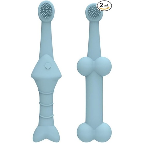 Lot de 2 brosses à dents en silicone poisson os bleu pour animaux
