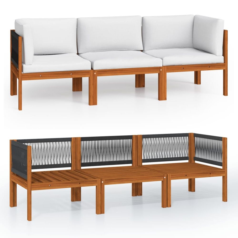 Canapé de jardin 3 places avec coussin en bois d'acacia et corde