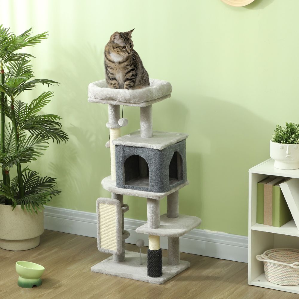 Arbre à chat, tour de jeux, hauteur de 104 cm, avec lit maison, brosse de toilettage, 44l x 34p x 104h cm, gris clair
