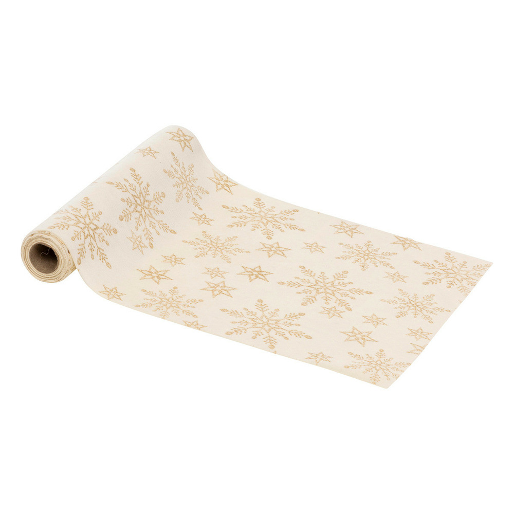 Chemin de table tissu en velours blanc avec flocons pailletés dorés 28 x 300 cm