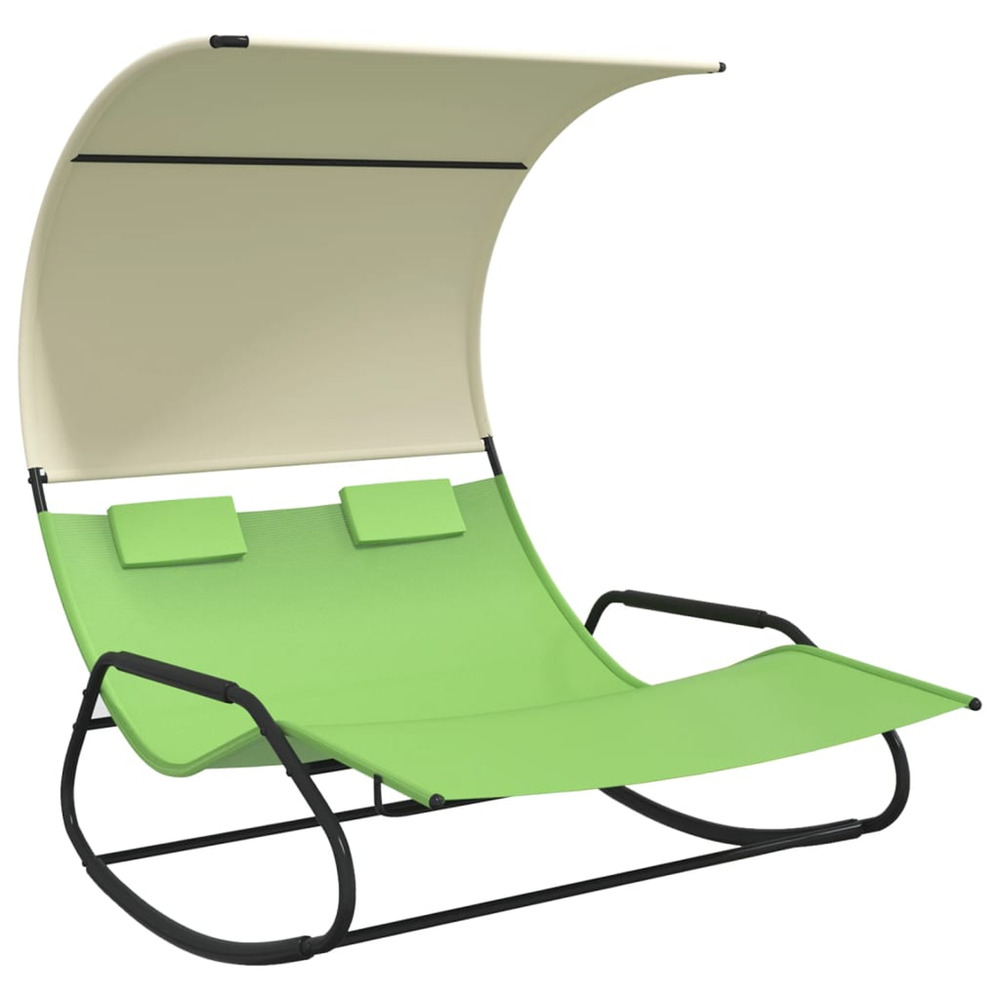 Chaise longue double à bascule avec auvent vert et crème bain de soleil