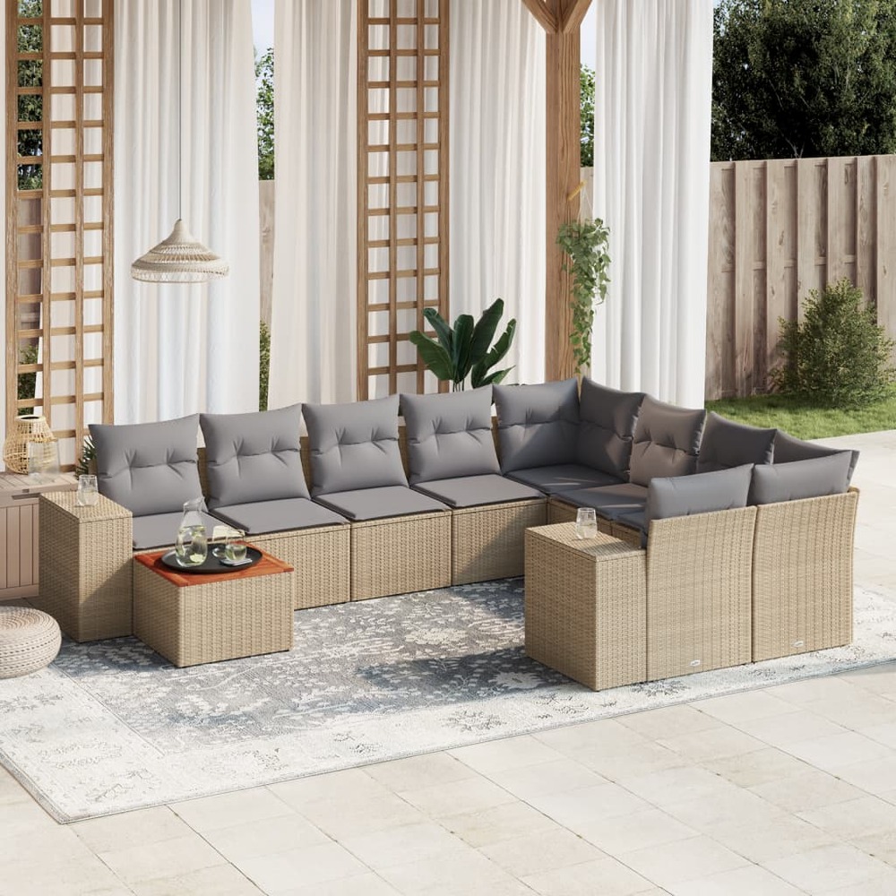 Salon de jardin avec coussins 10 pcs beige résine tressée