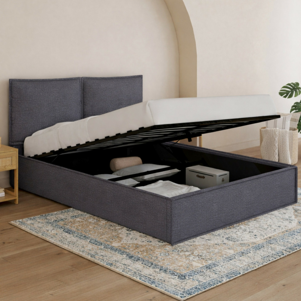 Lit coffre double pilou avec tête de lit oreiller et sommier 140 x 190 cm tissu gris anthracite