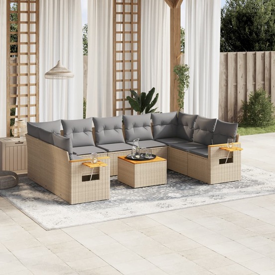 Salon de jardin avec coussins 10 pcs beige résine tressée