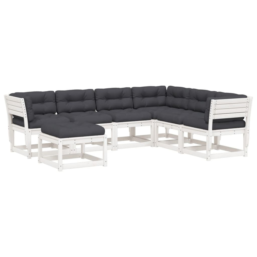 Salon de jardin 7 pcs avec coussins blanc bois de pin massif