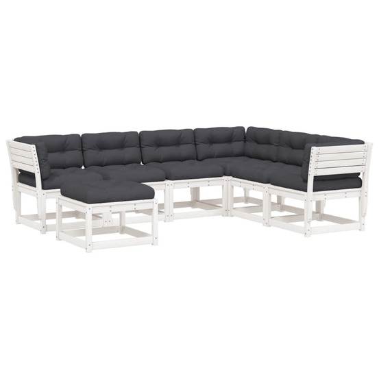 Salon de jardin 7 pcs avec coussins blanc bois de pin massif