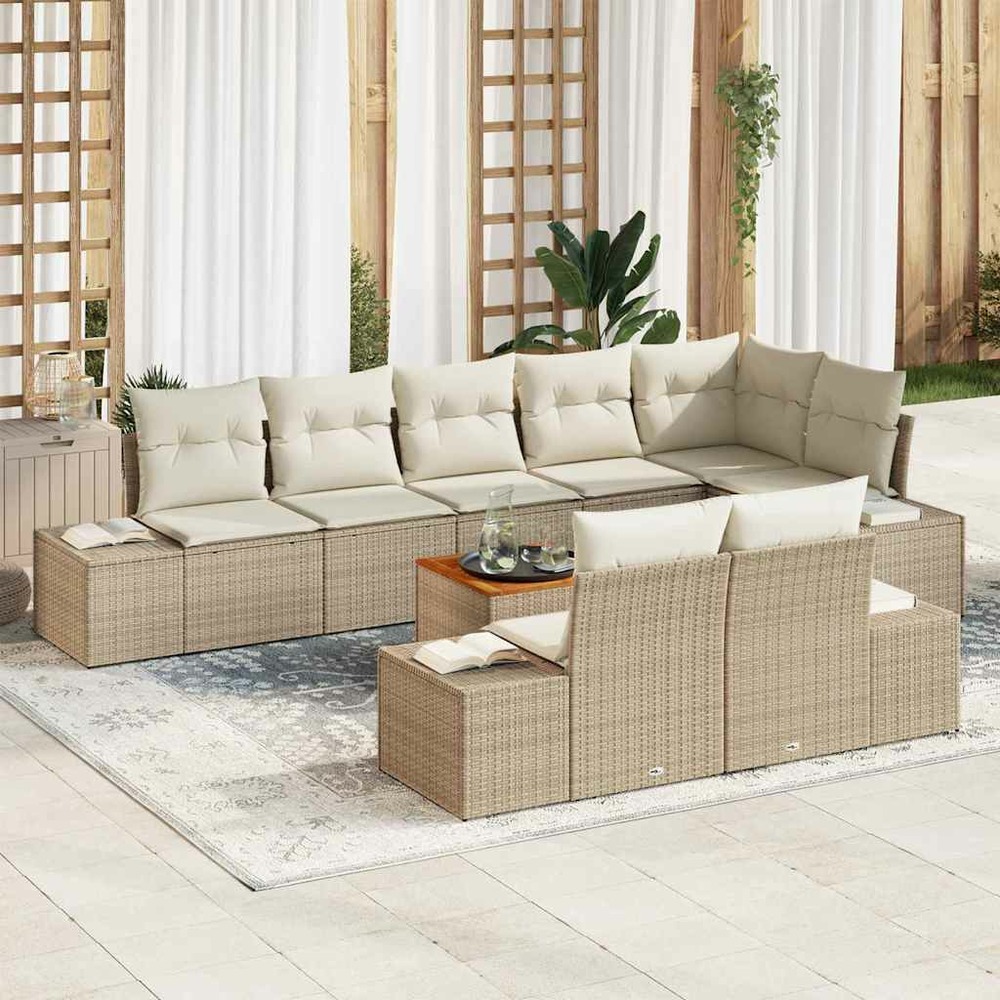 Ensemble de canapé de jardin avec coussin 9 pcs beige polyrotin