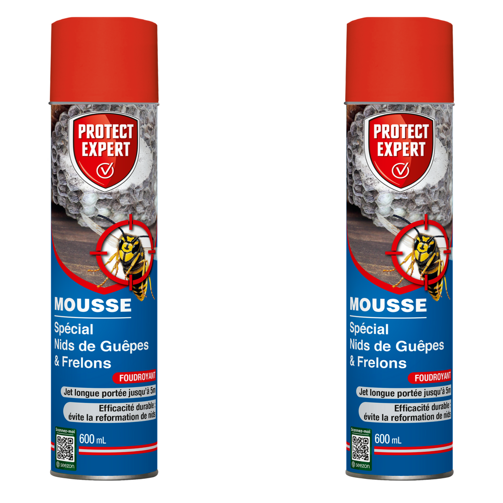 Protect expert 2 aérosols anti guêpes & frelons - 2x600ml - mousse & jet longue portée jusqu’à 3 mètres - action choc guepmous600nx2