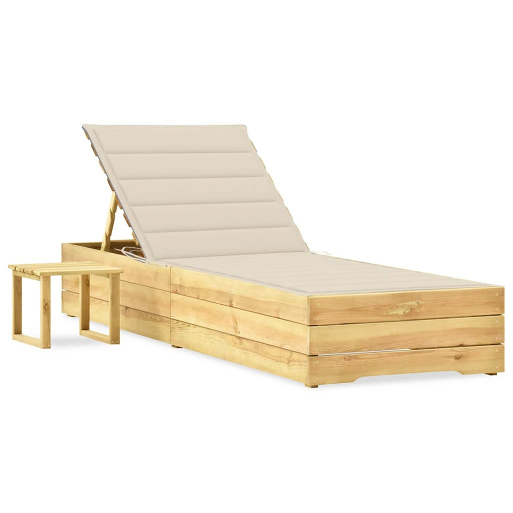 Chaise longue de jardin avec table et coussin pin imprégné bain de soleil