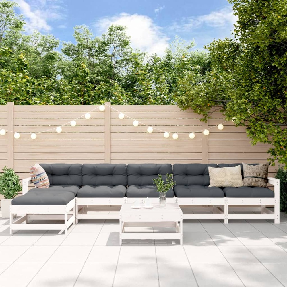 Salon de jardin 7 pcs avec coussins blanc bois massif