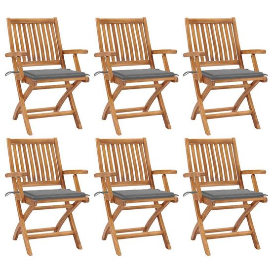Chaises pliantes avec coussins, 6 pièces, en teck massif