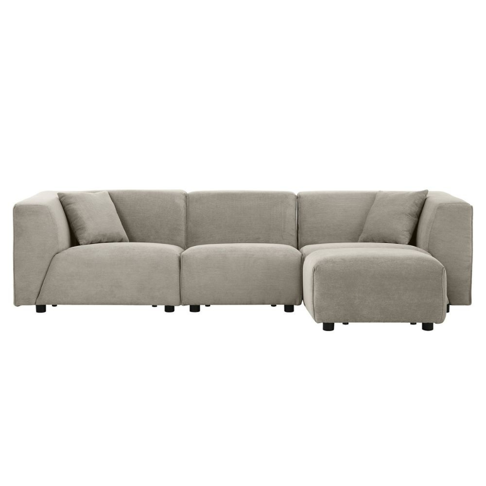 Canapé modulable 3 places + 1 pouf velours côtelé gris clair monroe