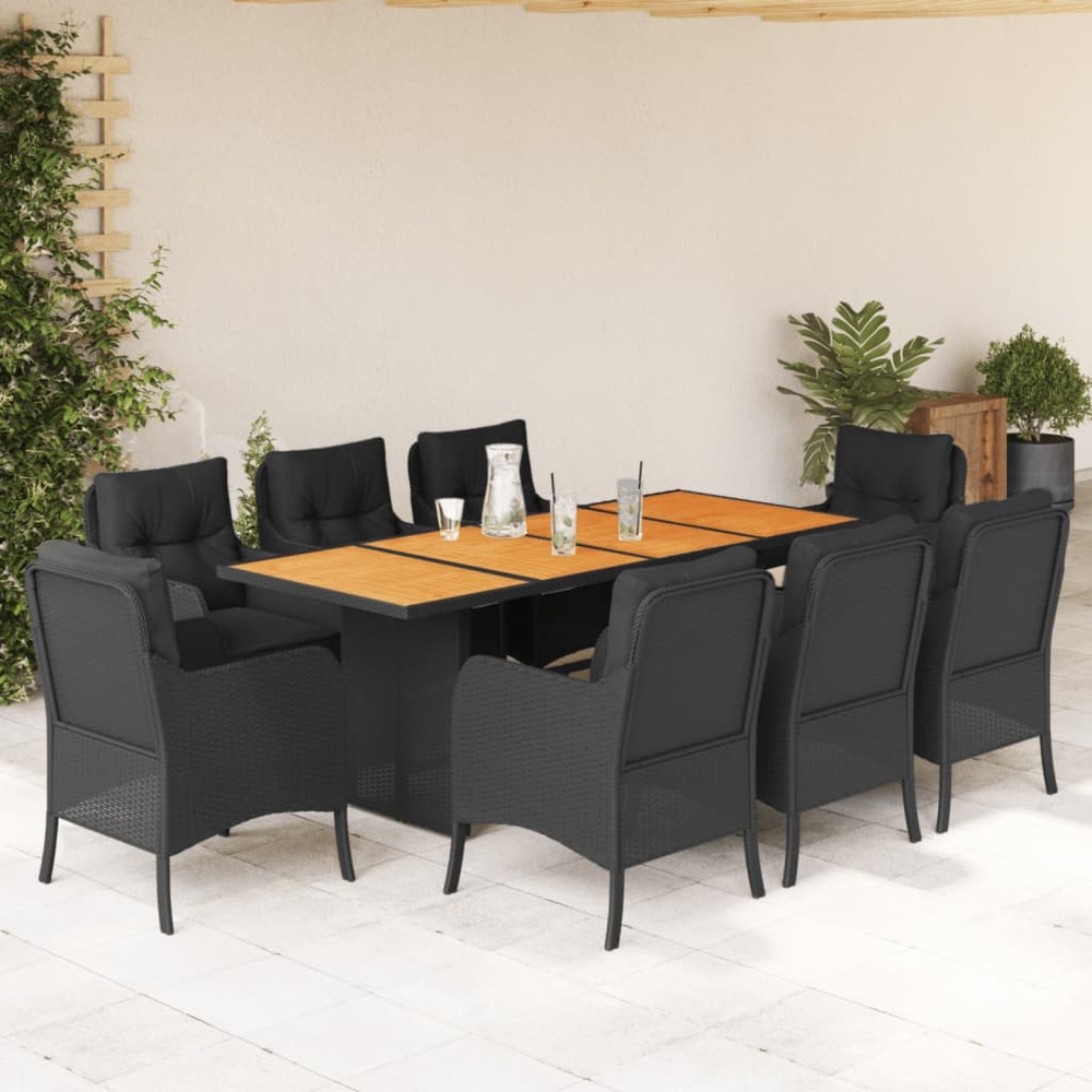Ensemble à manger de jardin 9pcs coussins noir résine tressée