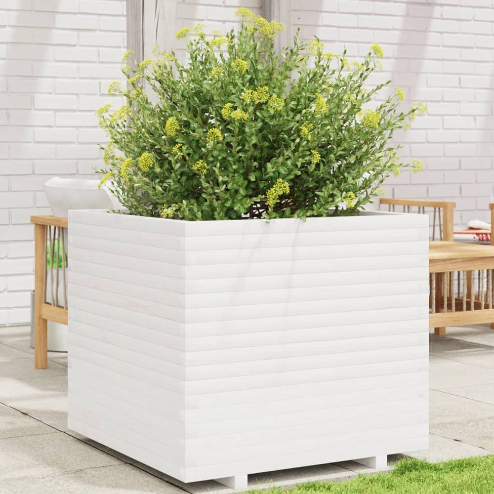 Très grande jardinière en bois de pin massif blanc 80x80x72 cm
