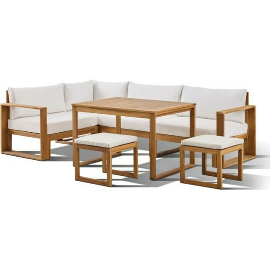 Salon de jardin d'angle modulable - bois d'acacia - 6 personnes - levata dining - blanc cassé + housse