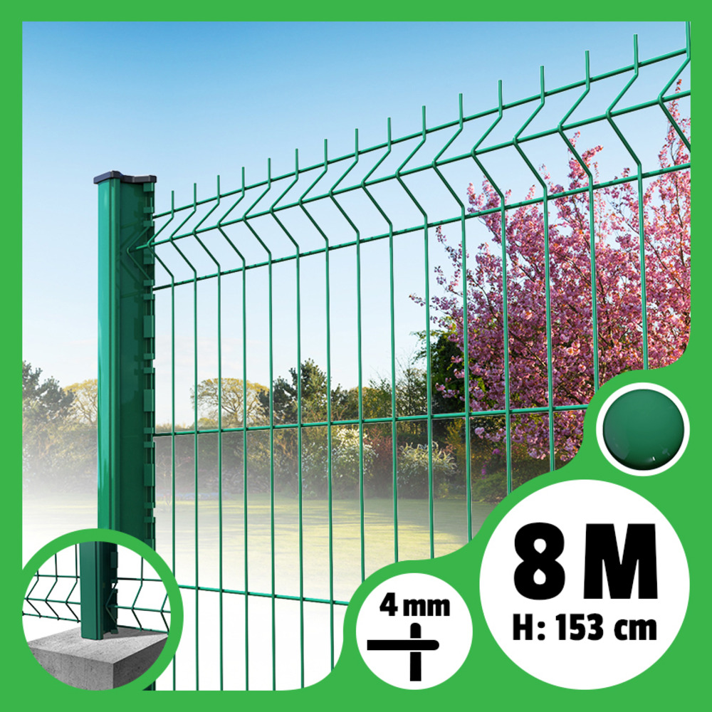 Kit grillage rigide poteaux h - longueur 8 mètres - 153 cm, vert, a sceller