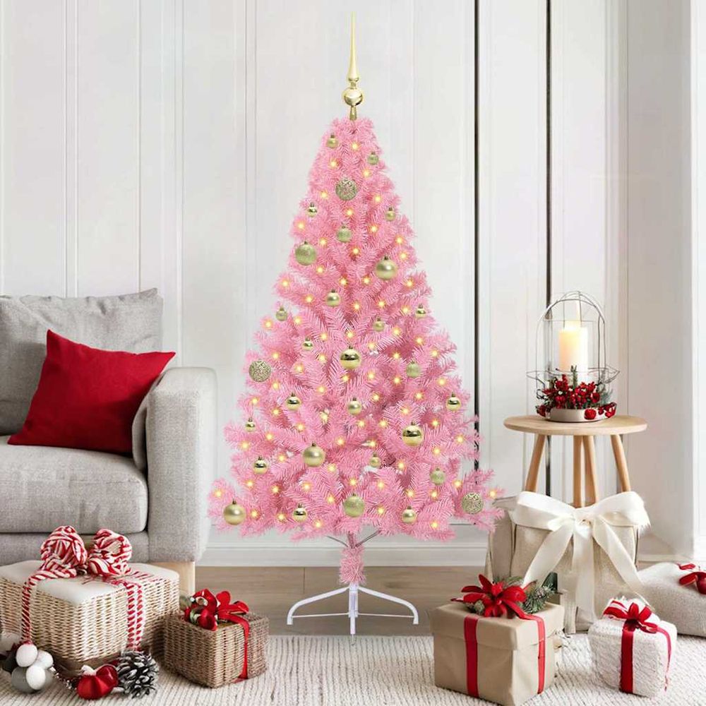 Sapin de noël décoré rose 150 cm avec guirlande 150 led pour une ambiance festive