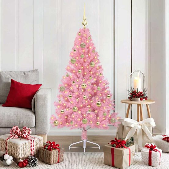 Sapin de noël décoré rose 150 cm avec guirlande 150 led pour une ambiance festive