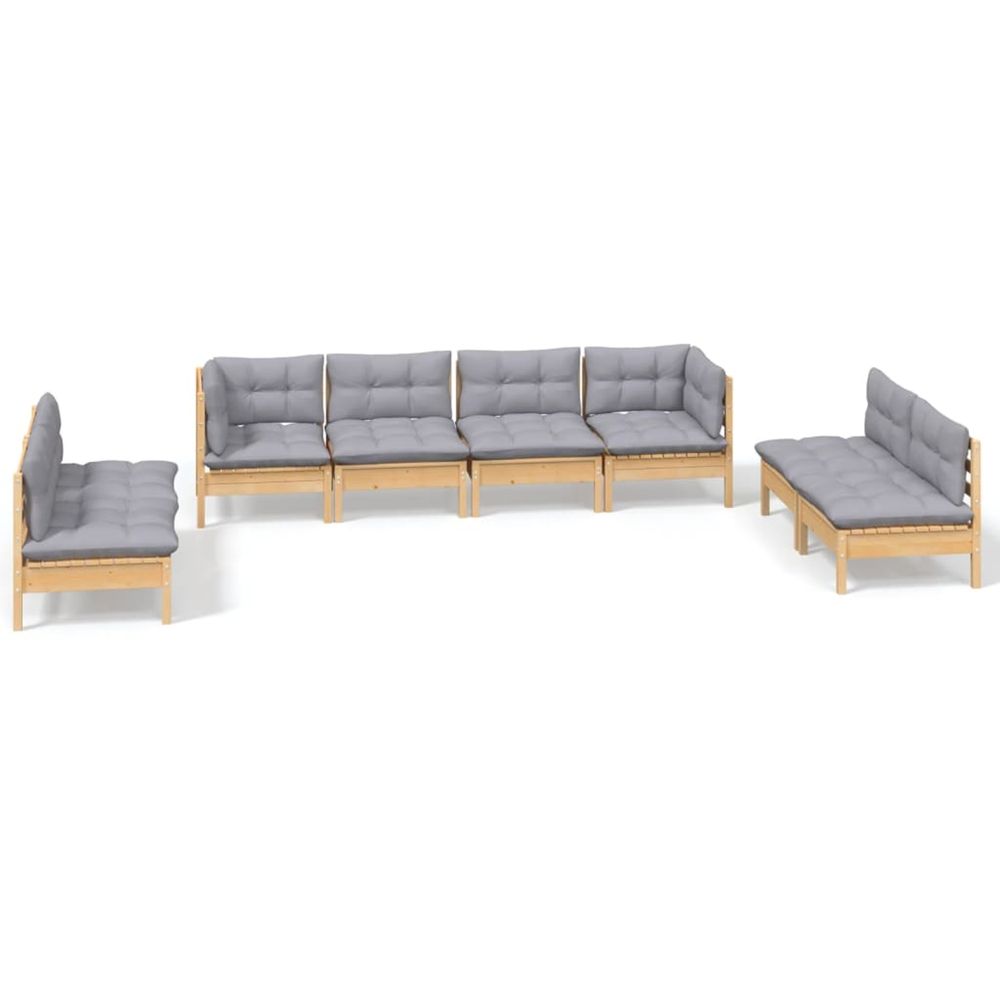 Salon de jardin 8 pcs avec coussins gris bois de pin massif