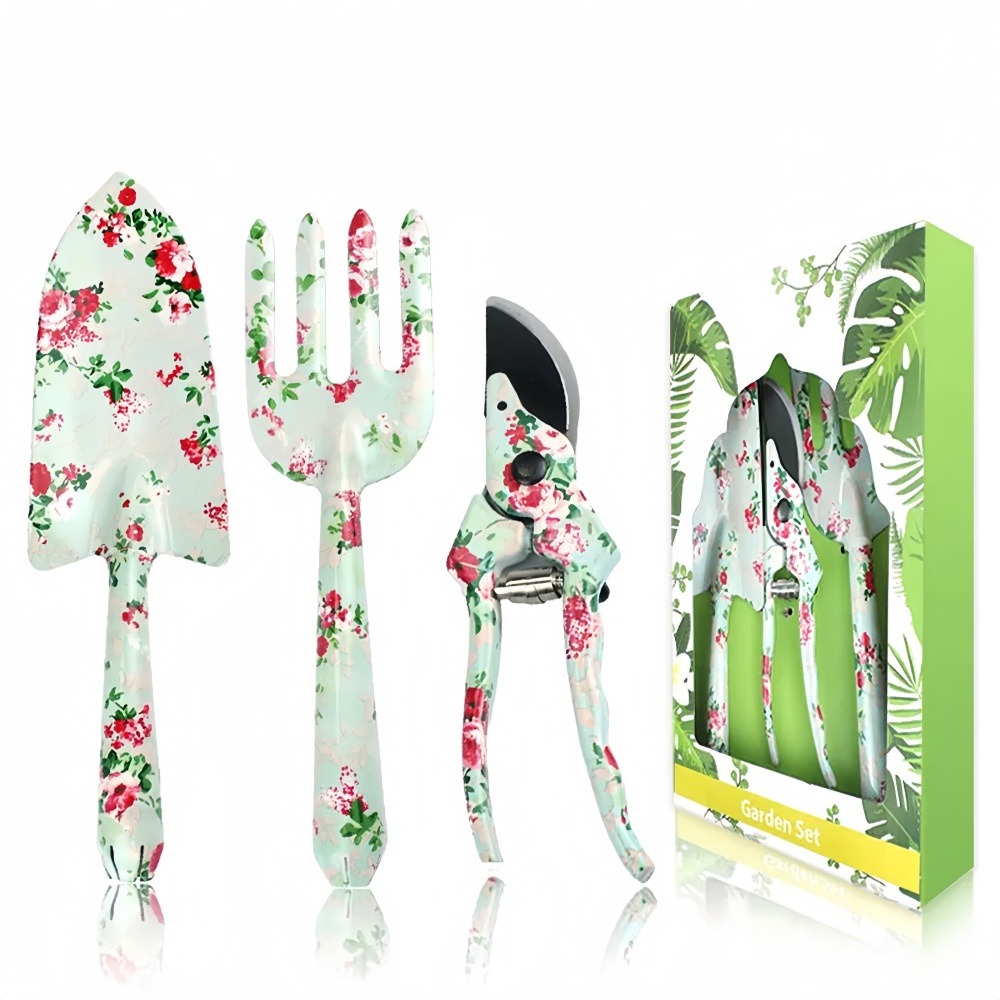 Ensemble d'outils de jardinage floral : pelle, cisailles, fourchette