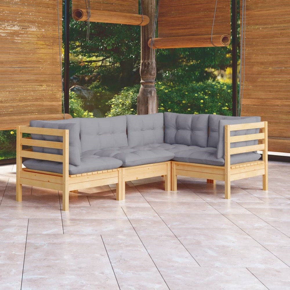 Salon de jardin 4 pcs avec coussins gris bois de pin