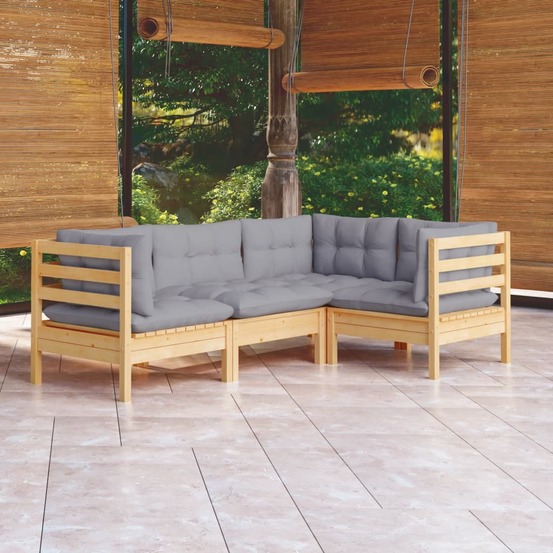 Salon de jardin 4 pcs avec coussins gris bois de pin