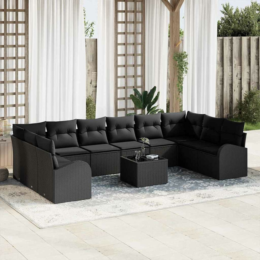 Ensemble de canapés avec coussin 11 pcs noir polyrotin