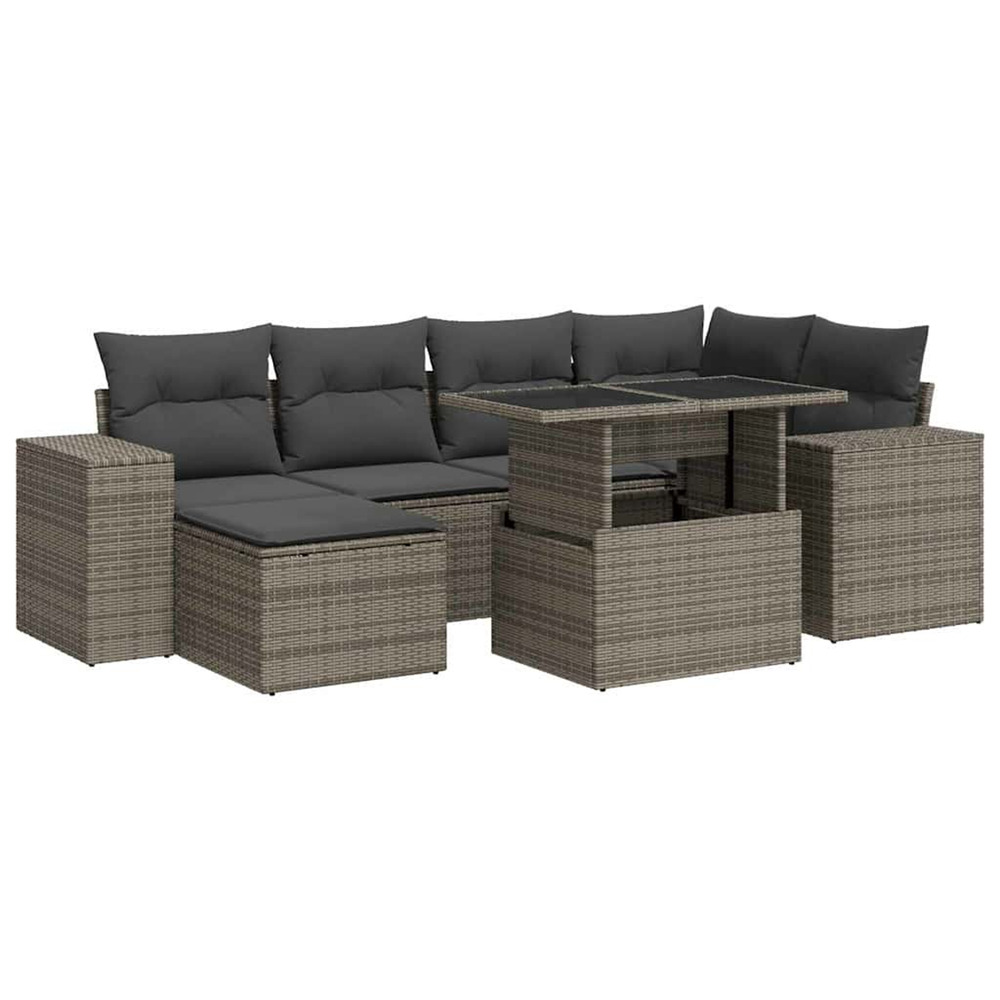 Salon de jardin avec coussins 7 pcs gris résine tressée