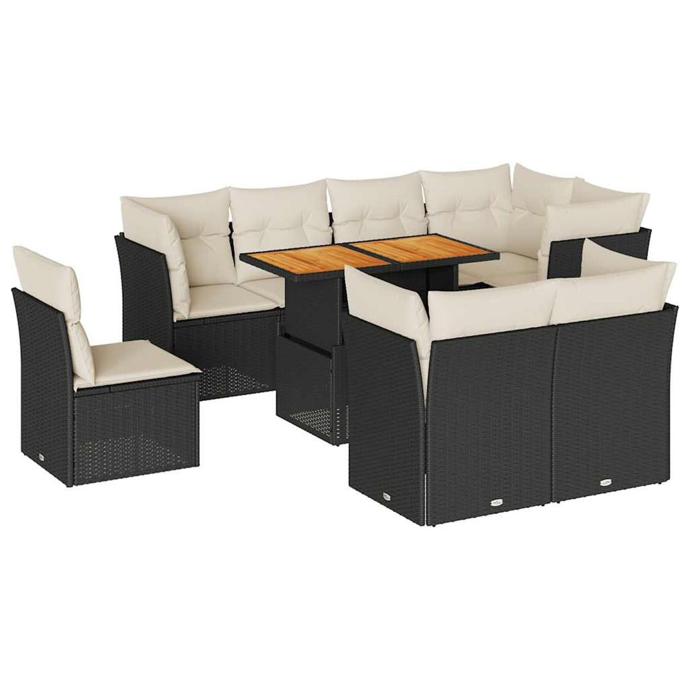 Salon de jardin 9 pcs avec coussins noir résine tressée