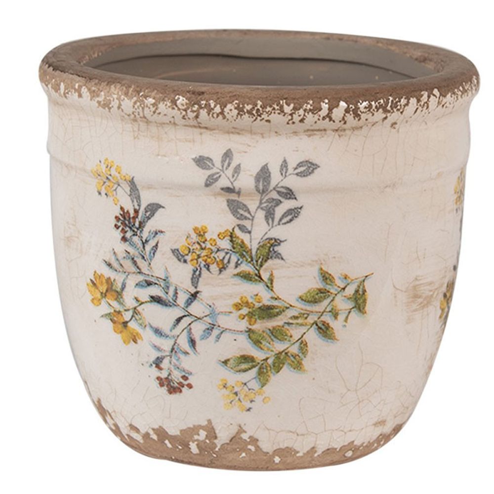 Pot de fleurs d'intérieur beige et jaune en céramique fleurs 13x11 cm