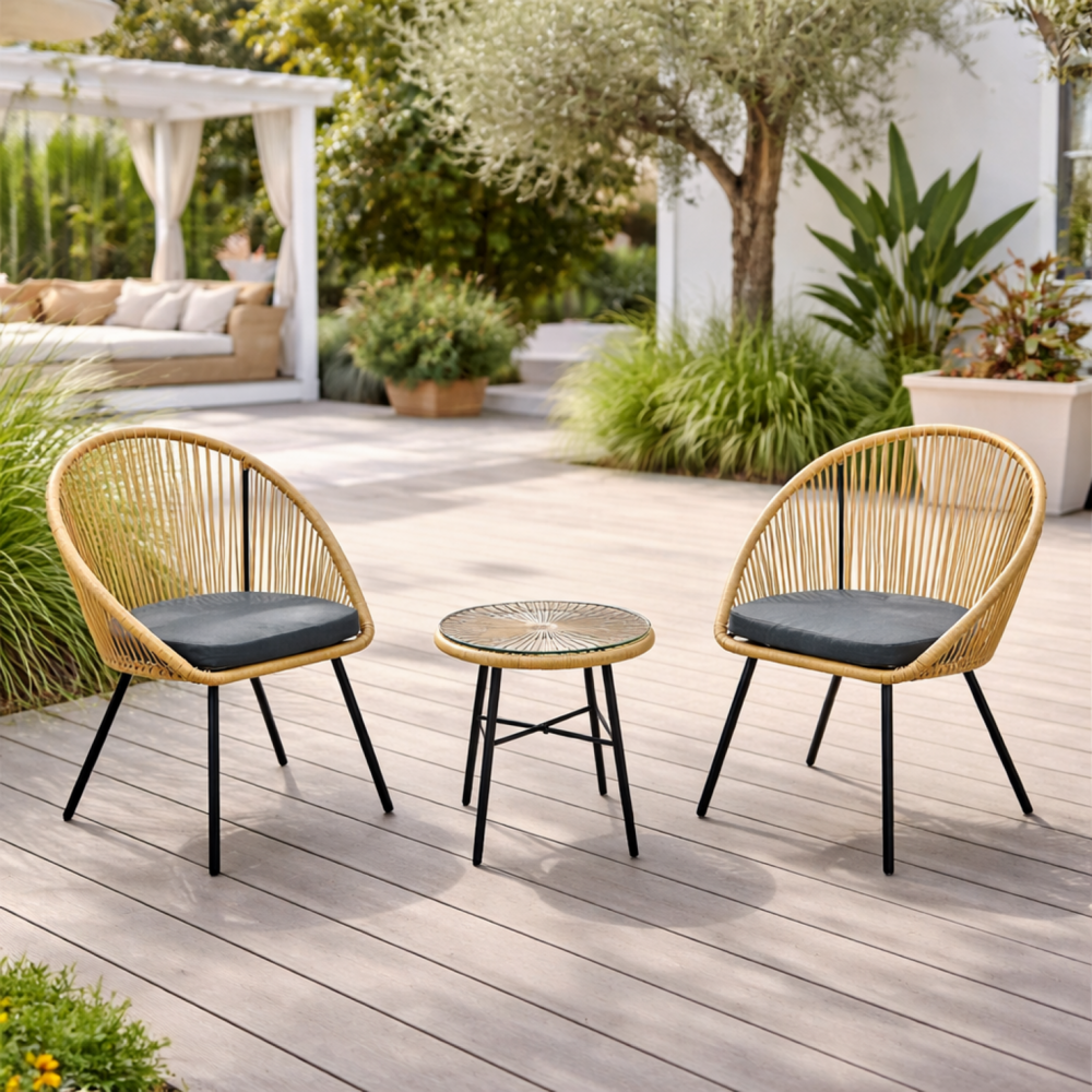 Salon de balcon 2 fauteuils et 1 table coussins gris ipanema