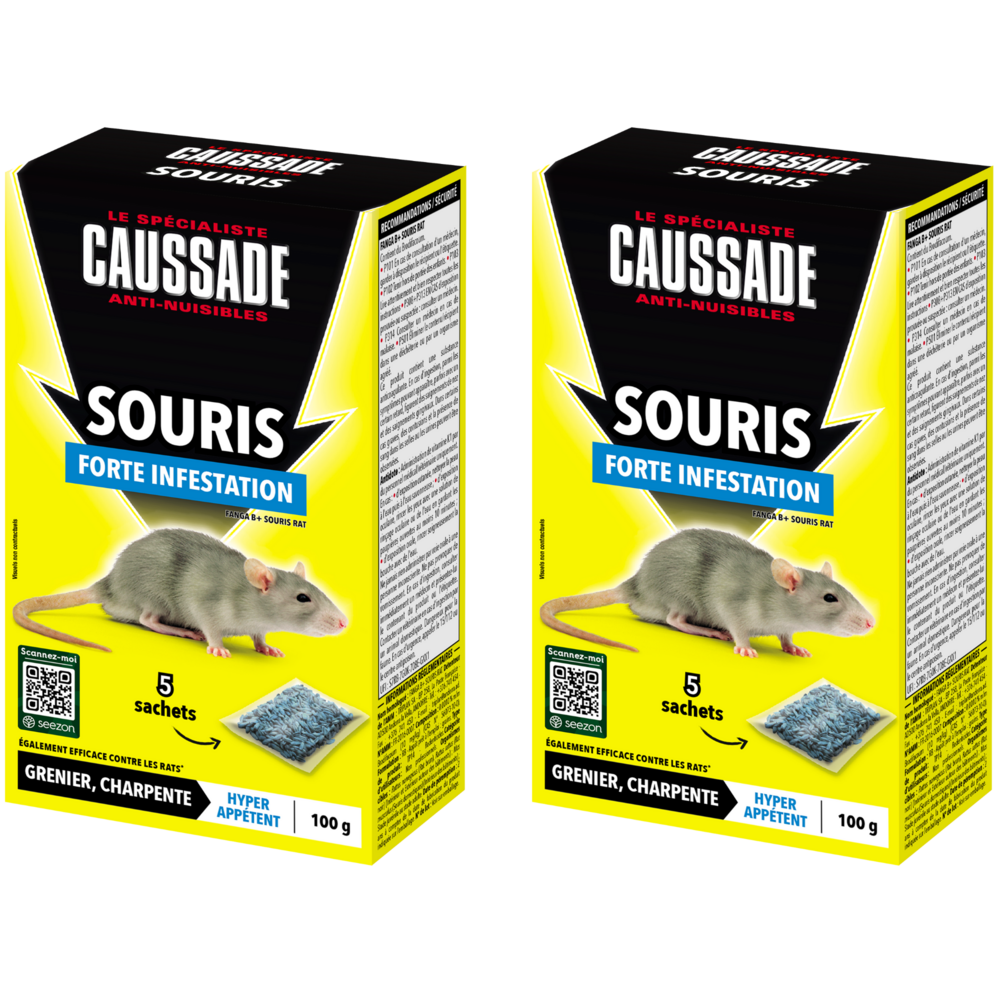 Caussade anti-souris – 10 sachets céréales prêts à l’emploi, forte infestation, usage lieux secs, 2x100g