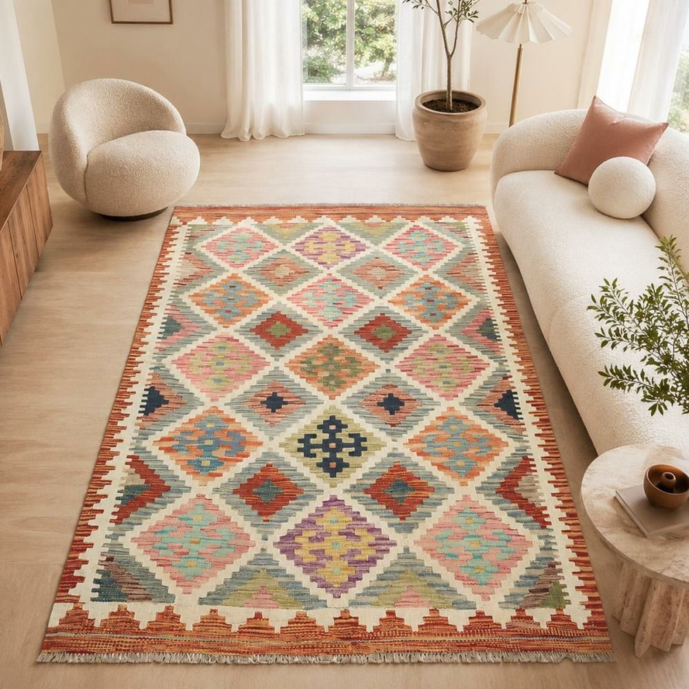 Tapis kilim, 102 x 147 cm, multicolore, bleu et rouge, laine naturelle, kilim 44
