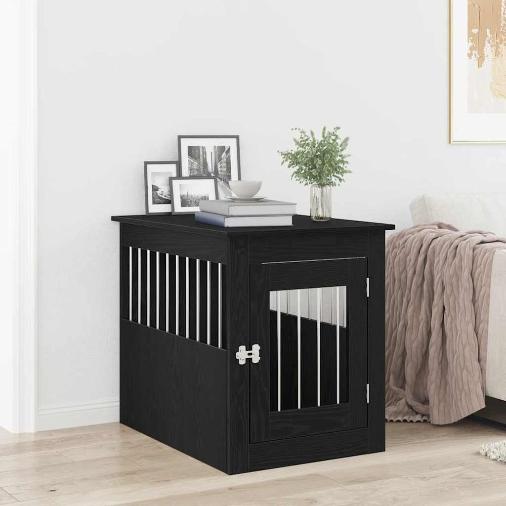 Meuble cage chien 2-en-1 bois acier table d'appoint intérieur chêne noir 65cm