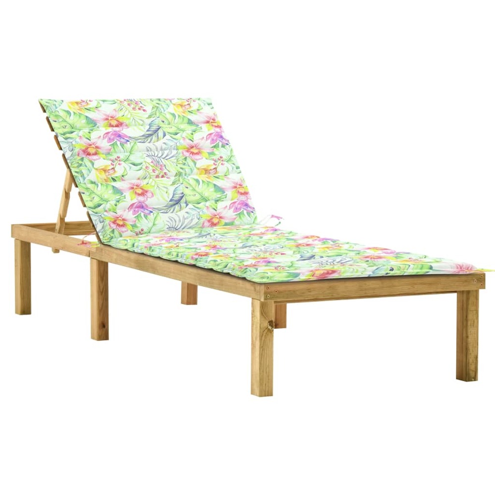 Chaise longue avec coussin motif feuilles bois de pin imprégné