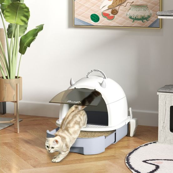 Maison de toilette chat plastique litière fermée avec tiroir et pelle anti-odeur 52x40cm gris