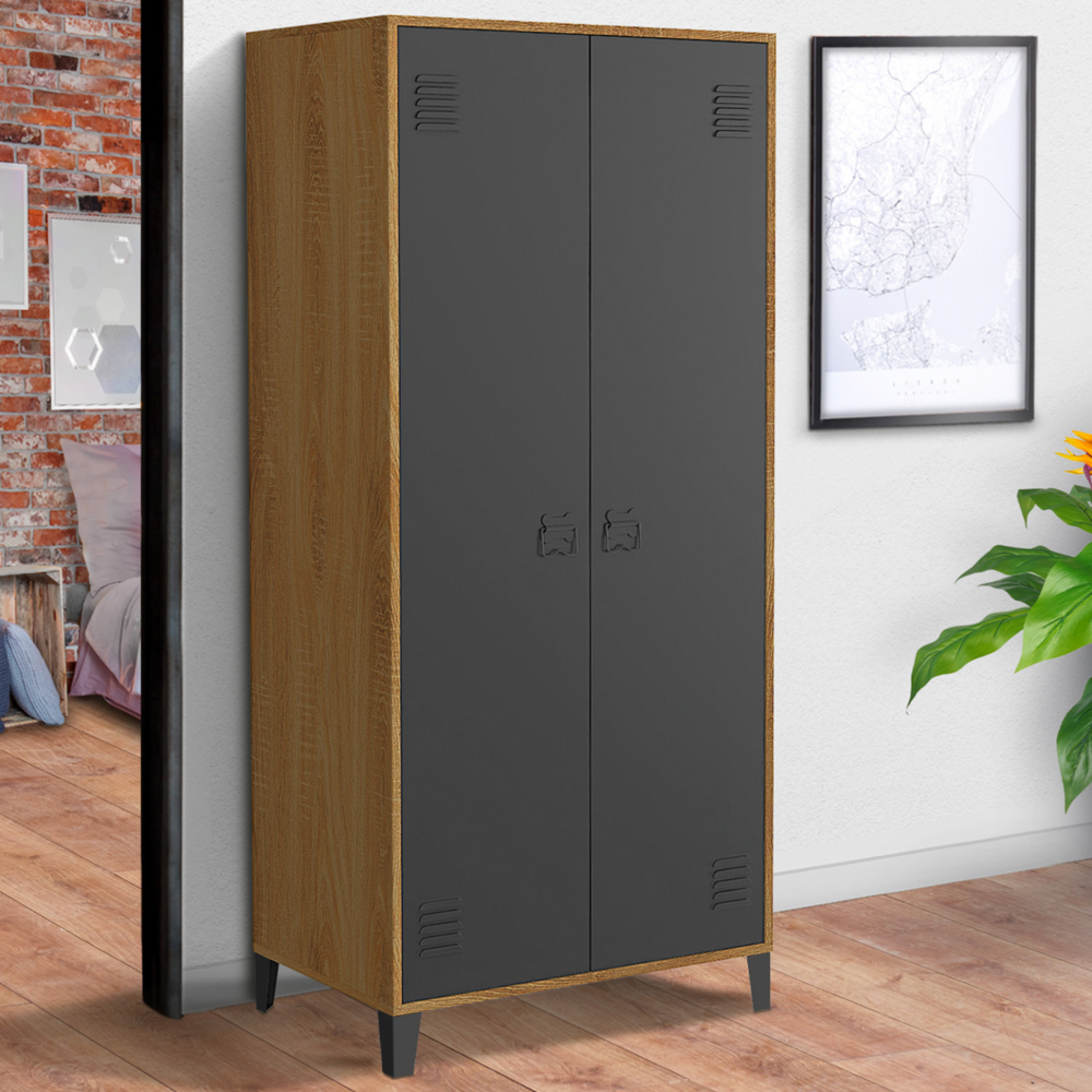Armoire vestiaire penderie ester 2 portes métal noir et contour bois design industriel