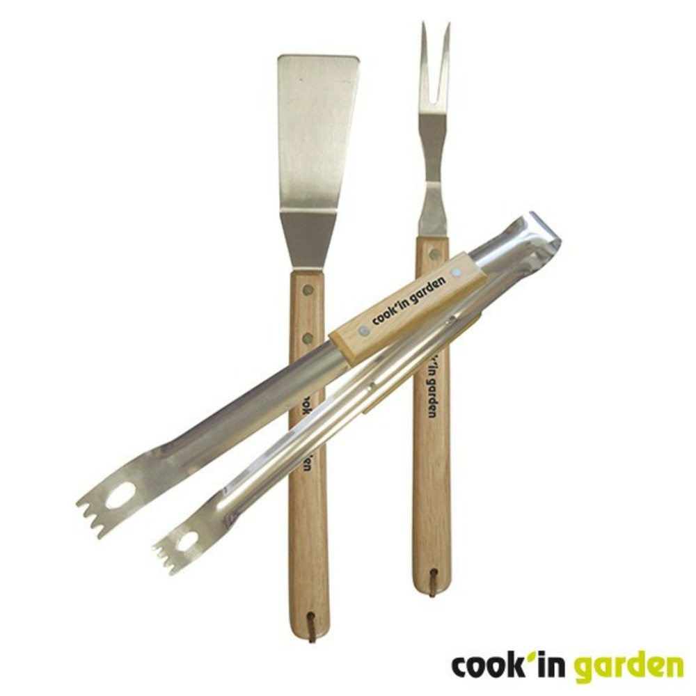 Kit 3 accessoires barbecue : pince + fourchette + spatule inox et bois cook'in garden