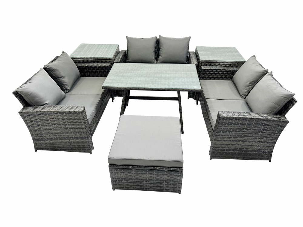 7 pcs salon de jardin avec table à manger rectangulaire canapé à deux places 2 tables d'appoint grand tabouret gris foncé mixte