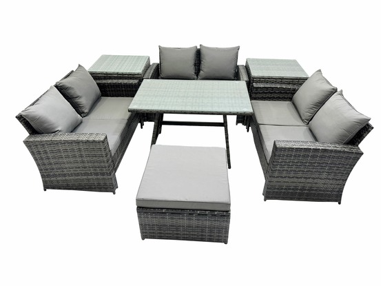 7 pcs salon de jardin avec table à manger rectangulaire canapé à deux places 2 tables d'appoint grand tabouret gris foncé mixte