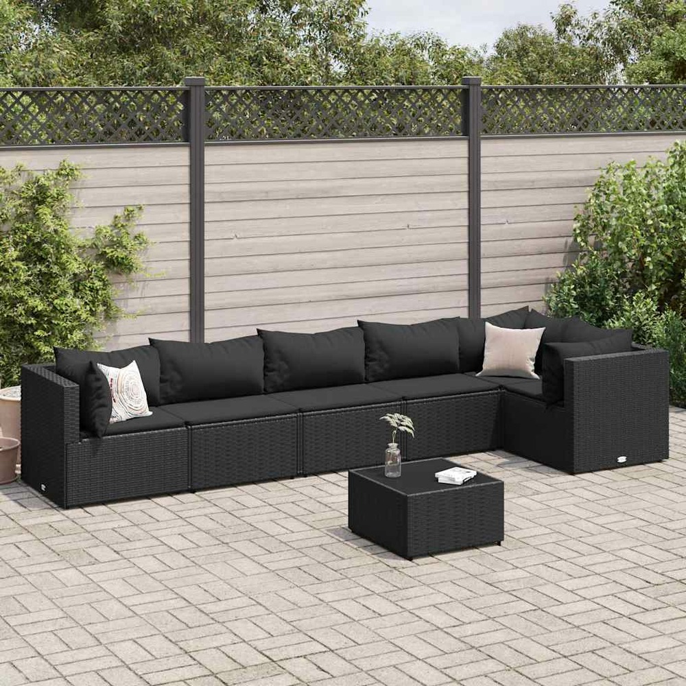 Salon de jardin 7 pcs avec coussins noir résine tressée